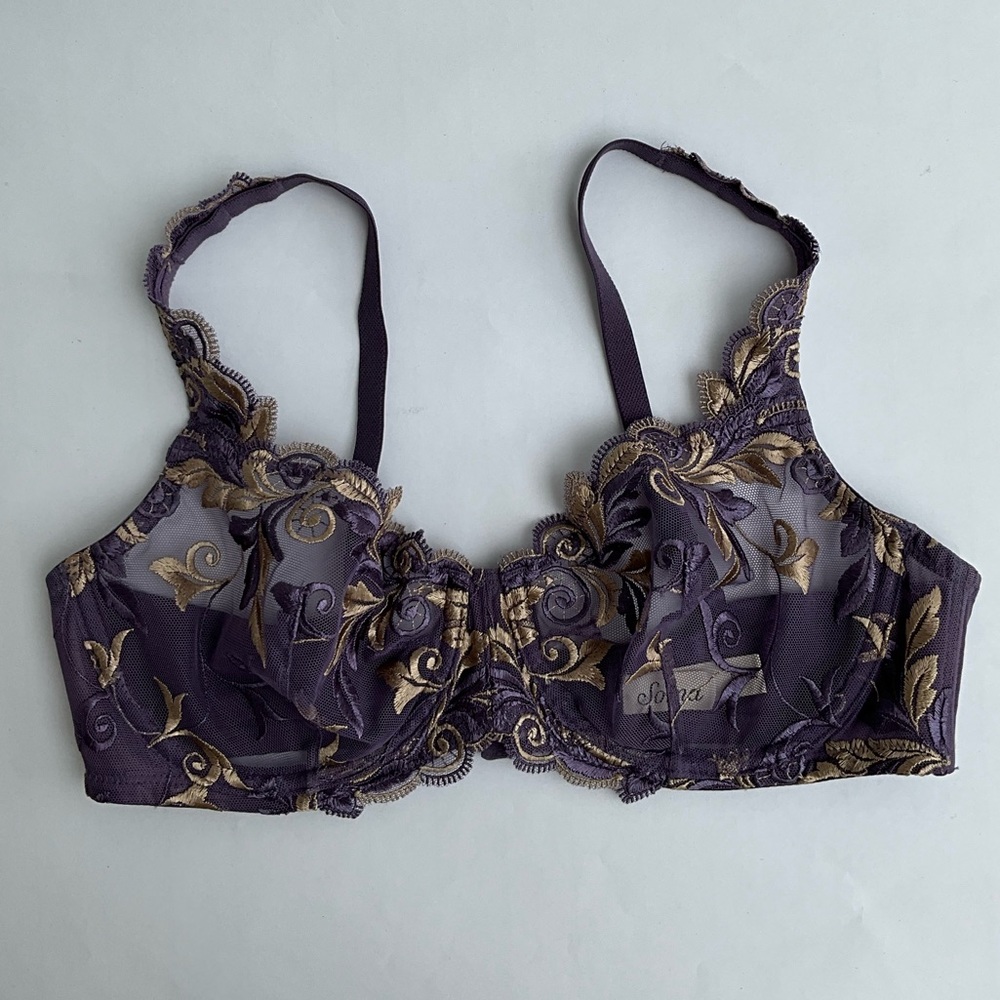 SOMA Lavender Gold Lacy Sheer Mesh Balconette Underwire Bra Size 34C Lingerie
